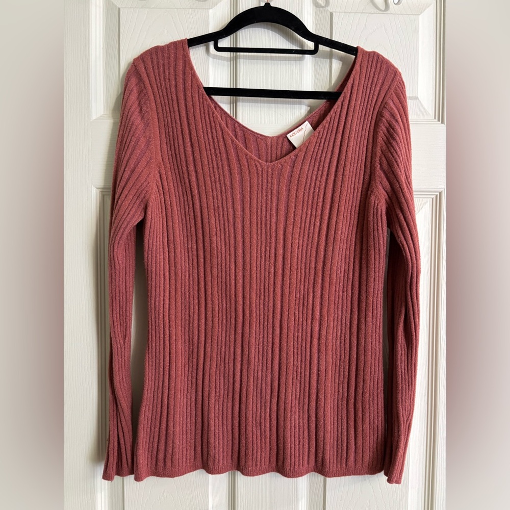 Kerisma Ribbed V-Neck Long Sleeve Quiet Luxury Stretch Sweater Dusty Rose Rust
